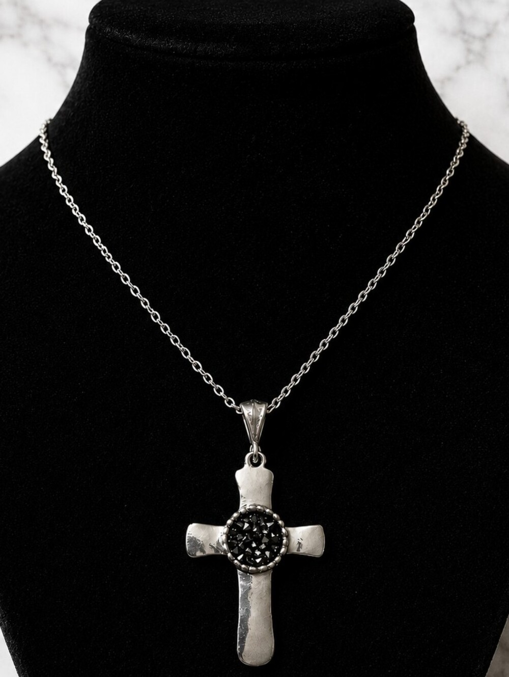 Noa Zuman 929 Sterling Silver Charcoal & Platinum Drusy Silver Cross Pendant Set